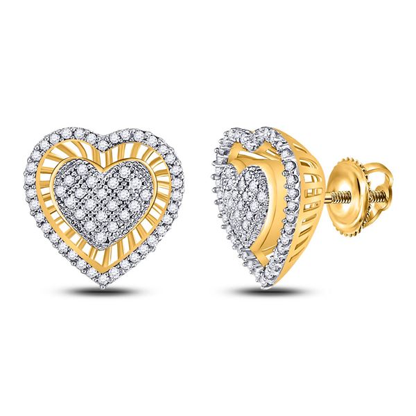 Round Diamond Heart Cluster Stud Earrings 1/3 Cttw 10KT Yellow Gold