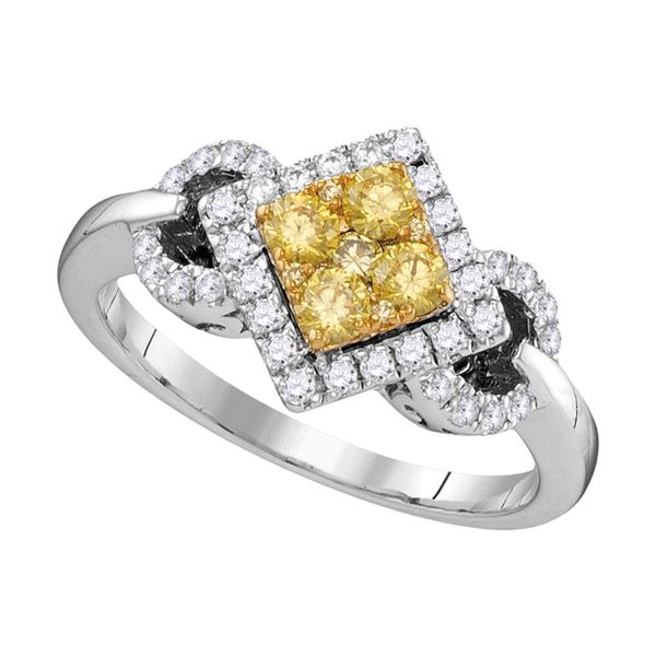 Round Yellow Diamond Offset Square Ring 3/4 Cttw 14KT White Gold