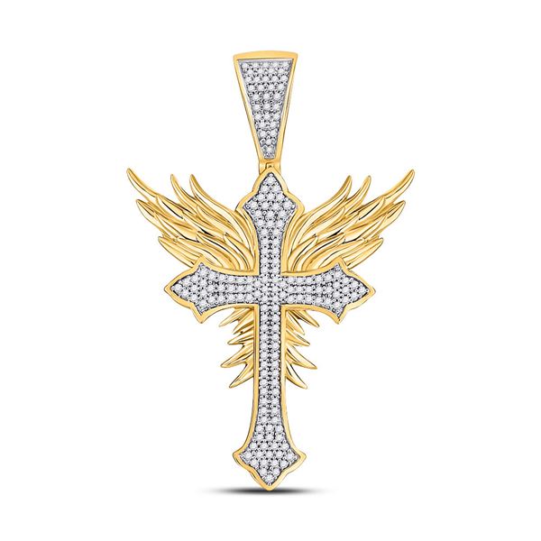 Round Diamond Gothic Cross Blaze Wings Charm Pendant 1/2 Cttw 10KT Yellow Gold