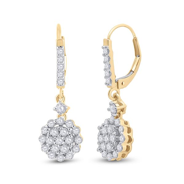 Round Diamond Flower Cluster Dangle Earrings 1 Cttw 14KT Yellow Gold