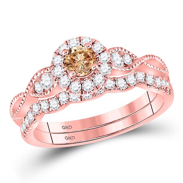 Round Brown Diamond Bridal Wedding Ring Band Set 3/4 Cttw 14KT Rose Gold