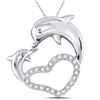 Round Diamond Double Dolphin Heart Pendant 1/6 Cttw 14KT White Gold
