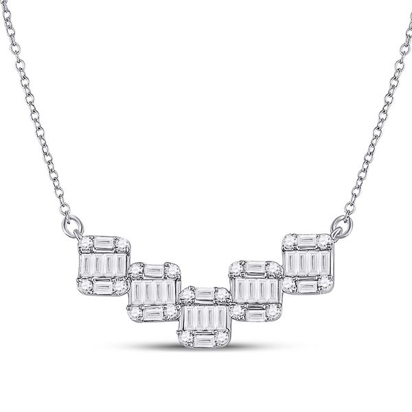 Round Baguette Diamond Square Pendant Necklace 1/2 Cttw 14KT White Gold