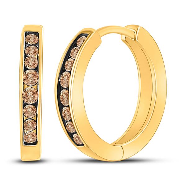 Round Brown Diamond Hoop Earrings 1/4 Cttw 10KT Yellow Gold