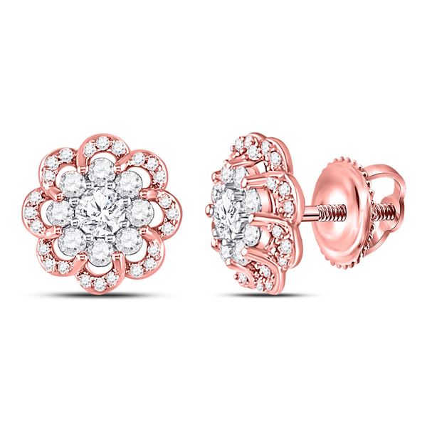 Round Diamond Flower Halo Cluster Earrings 1 Cttw 10KT Two-tone Gold