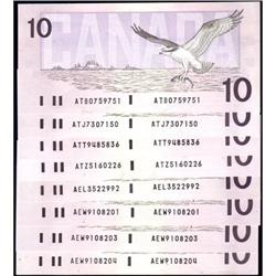 1989 $10 BC-57a, 8 notes, AU and Unc