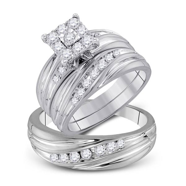 Diamond Cluster Matching Wedding Set 3/4 Cttw 10KT White Gold