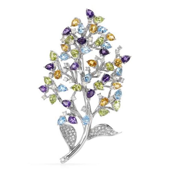 Natural 16.82 CTW Amtehyst, Citrine and Topaz & Diamond Brooch 18K White Gold - REF-537T3X