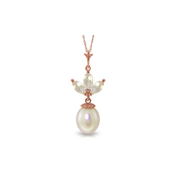 Genuine 4.75 ctw White Topaz & Pearl Necklace 14KT Rose Gold - REF-24R3P