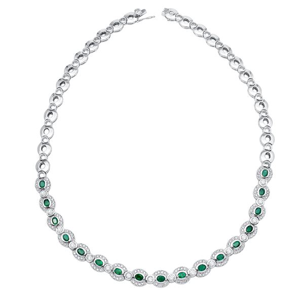 Natural 6.50 CTW Emerald & Diamond Necklace 14K White Gold - REF-638F3M