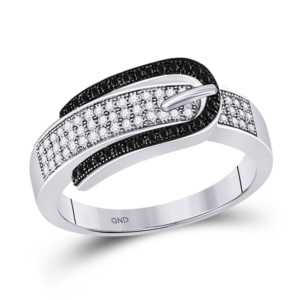 Round Black Color Enhanced Diamond Belt Buckle Band Ring 1/4 Cttw 10KT White Gold