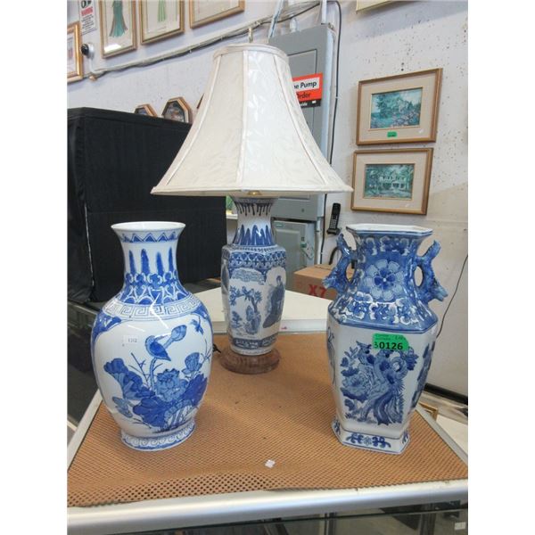 2 Large Asian Vases & a 29  Tall Lamp with Shade