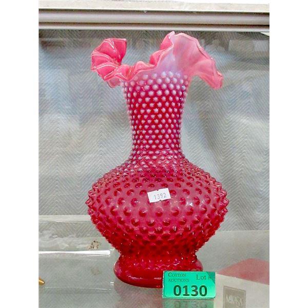 12" Signed Fenton Hobnail Cranberry Glass Vase