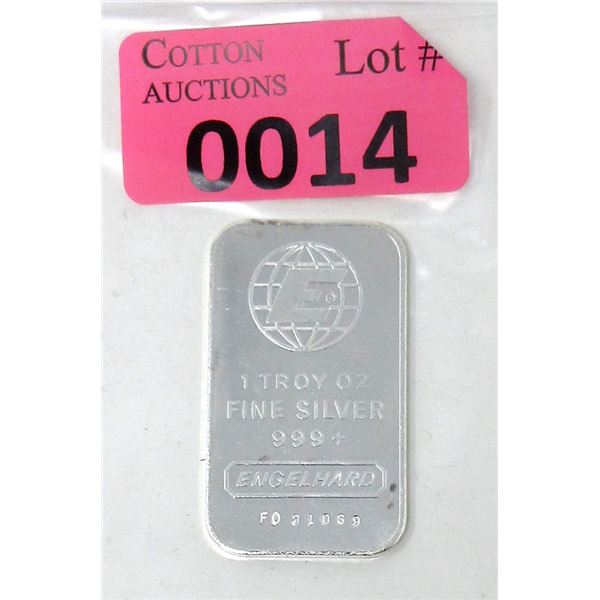 1 Oz. .999+ Fine Silver Engelhard Mint Bar