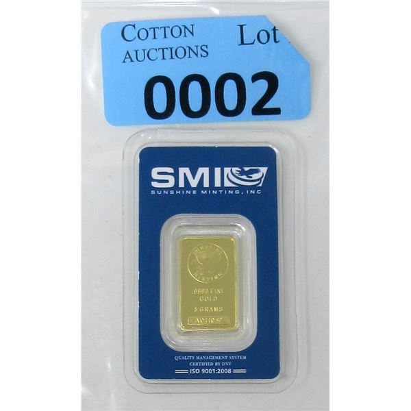 5 Gram .9999 Fine Gold Sunshine Minting Bar