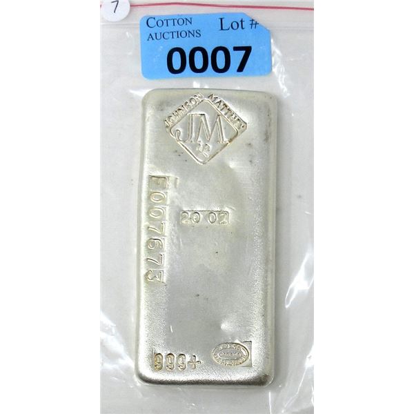 Rare 20 Oz. .999+ Silver Johnson Matthey Bar
