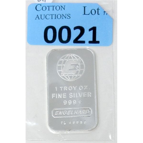 1 Oz. .999+ Fine Silver Engelhard Mint Bar
