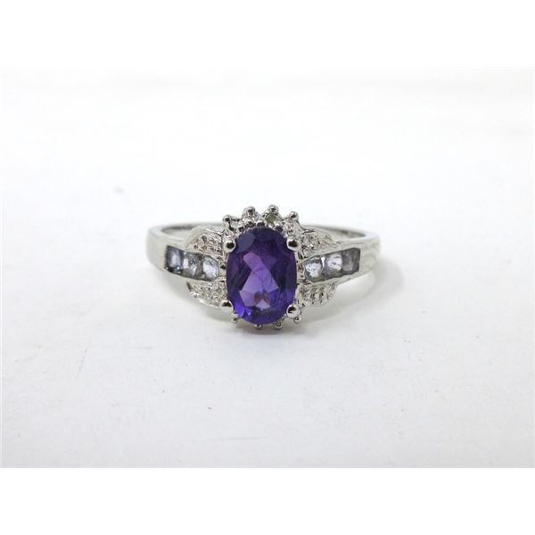 Sterling Silver Tanzanite, Amethyst & Diamond Ring