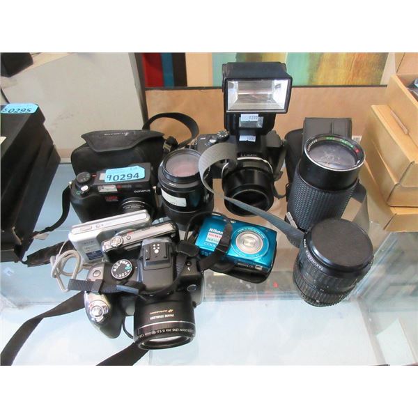 9 Assorted Digital and SLR Camera and Lenses