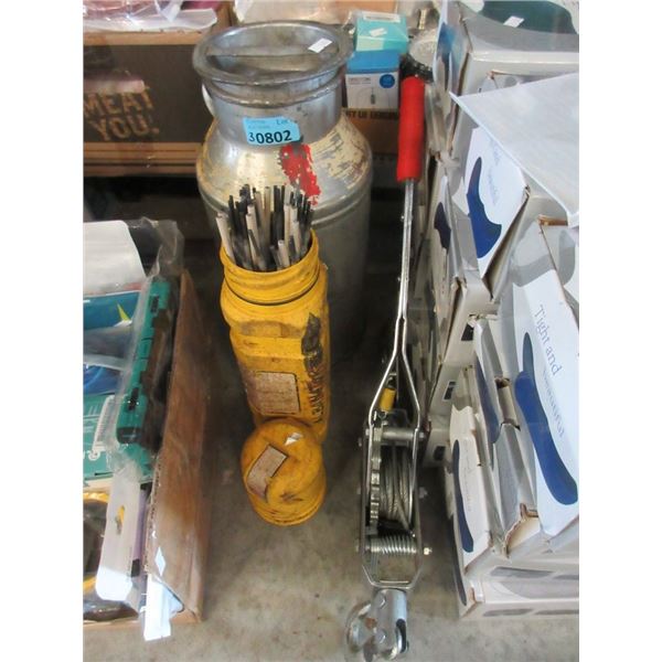 Cream Can, Come-Along Winch and Welding Rods