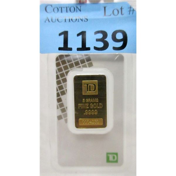 5 Gram .9999 Fine Gold TD Bank Investor Bar