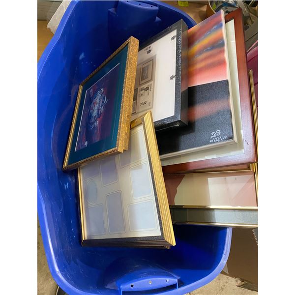 Bin with lid and picture frames and art