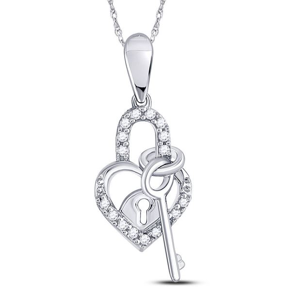 Diamond Heart Lock Key Dangle Pendant 1/10 Cttw 10kt White Gold