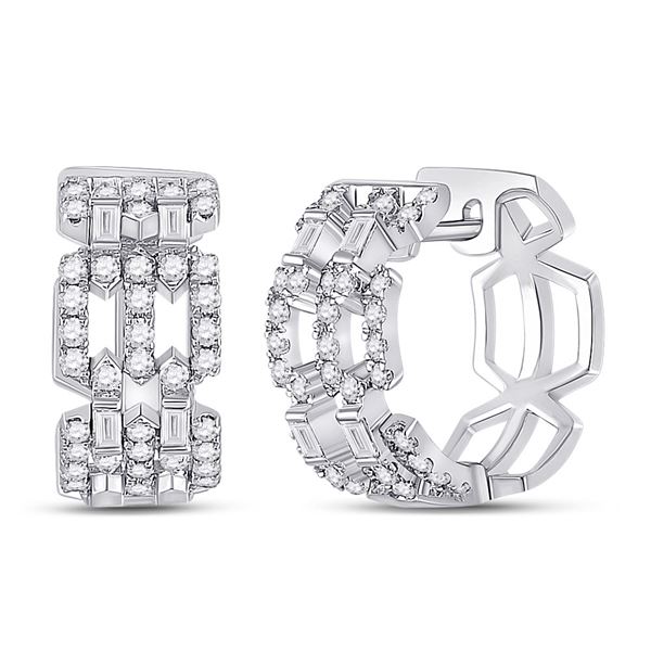 Baguette Diamond Link Huggie Earrings 3/4 Cttw 14kt White Gold