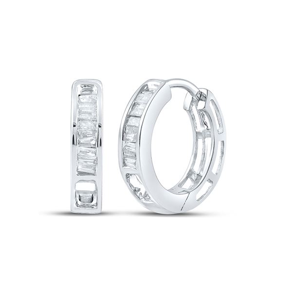 Baguette Diamond Huggie Hoop Earrings 1/6 Cttw 10kt White Gold