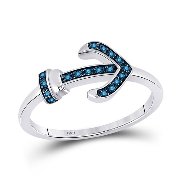 Blue Color Enhanced Diamond Anchor Ring 1/20 Cttw Sterling Silver
