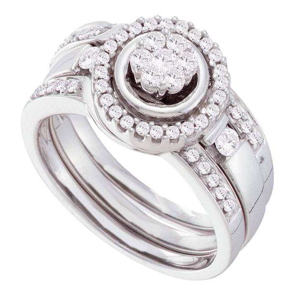 Diamond Cluster 3-Piece Bridal Wedding Ring Band Set 1/2 Cttw 14kt White Gold