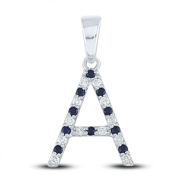 Blue Sapphire Diamond Initial A Letter Pendant 1/5 Cttw 10kt White Gold