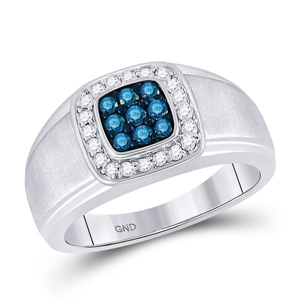 Mens Blue Color Enhanced Diamond Square Ring 1/2 Cttw 10kt White Gold