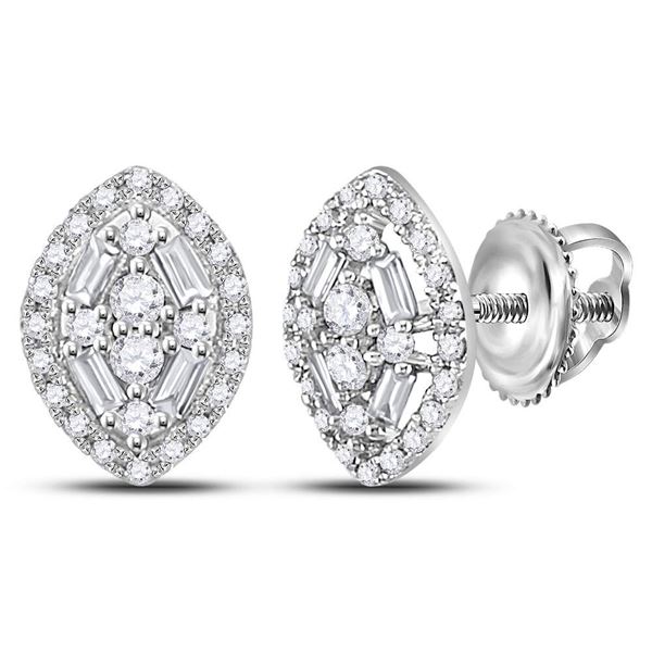 Baguette Diamond Oval Cluster Earrings 1/3 Cttw 14kt White Gold