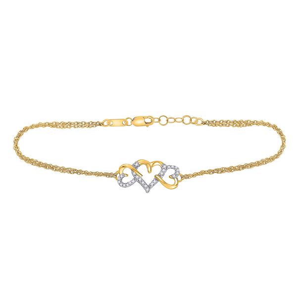 Diamond Triple Heart Chain Bracelet 1/10 Cttw 10kt Yellow Gold