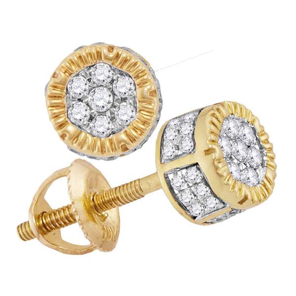 Mens Diamond 3D Circle Cluster Stud Earrings 1/4 Cttw 10kt Yellow Gold