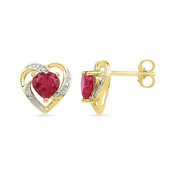 Lab-Created Ruby Diamond Heart Earrings 3/8 Cttw 10kt Yellow Gold