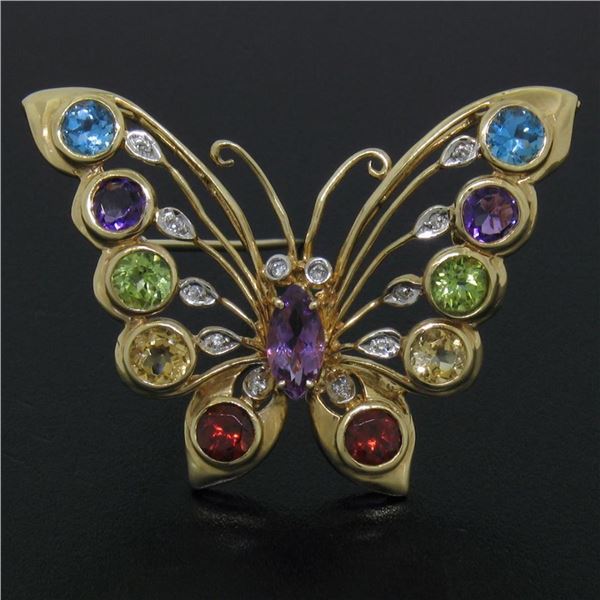 14k Yellow Gold 3.12 ctw Multi Colored Natural Gemstone & Diamond Butterfly Broo