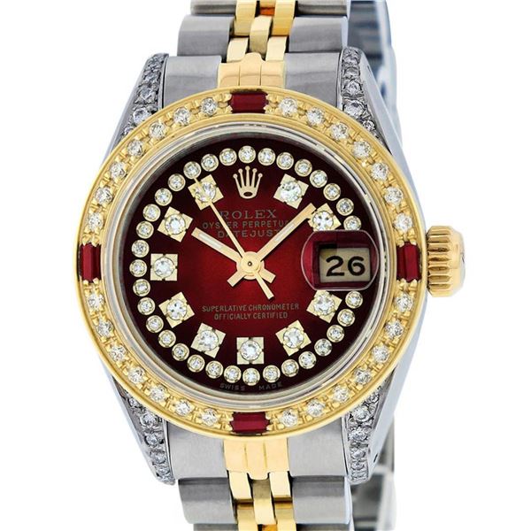 Rolex Ladies 2 Tone Red Vignette String Diamond Lugs & Ruby Datejust Wriswatch