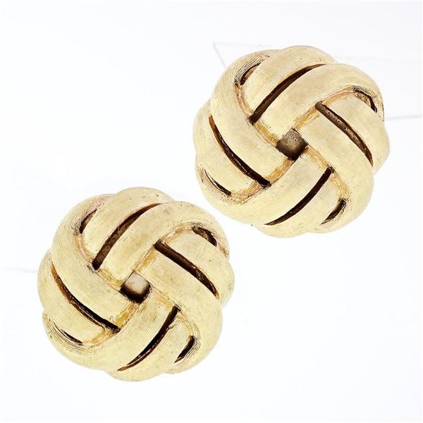 Vintage 14k Yellow Gold Brushed Finish Infinity Knot Omega Button Earrings