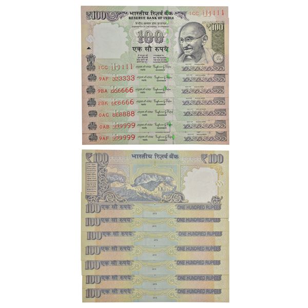 Paper Money: 100 rupees, fancy number notes (7), Gandhi series, 2015, signed by Raghuram Rajan