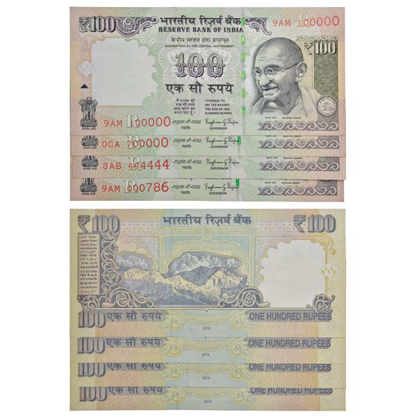 Paper Money: 100 rupees, fancy number notes (4), Gandhi series, 2015, signed by Raghuram Rajan