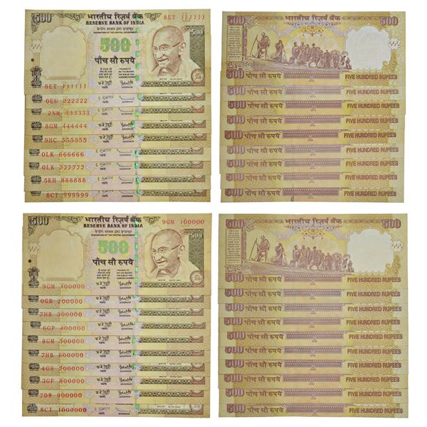 Paper Money: 500 rupees, fancy number set of 19 notes, Gandhi series, 3rd issue