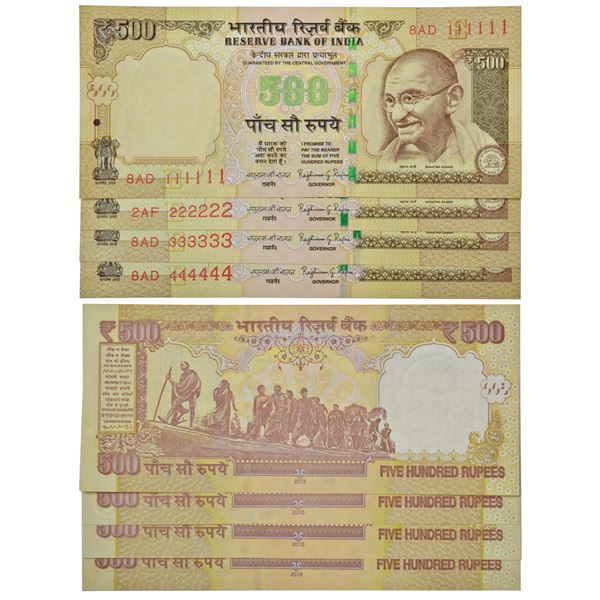 Paper Money: 500 rupees, fancy number notes (4), Gandhi series, 3rd issue, 2015, Raghuram Rajan