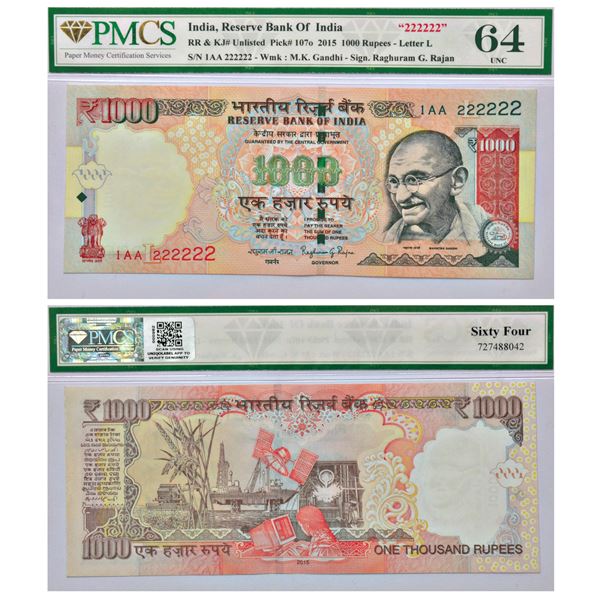 Paper Money: 1000 rupees, fancy number, Gandhi series, 2015, signed by Raghuram Rajan, inset 'L'