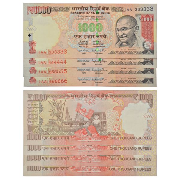 Paper Money: 1000 rupees, fancy number notes (4), Gandhi series, 2015, signed by Raghuram Rajan