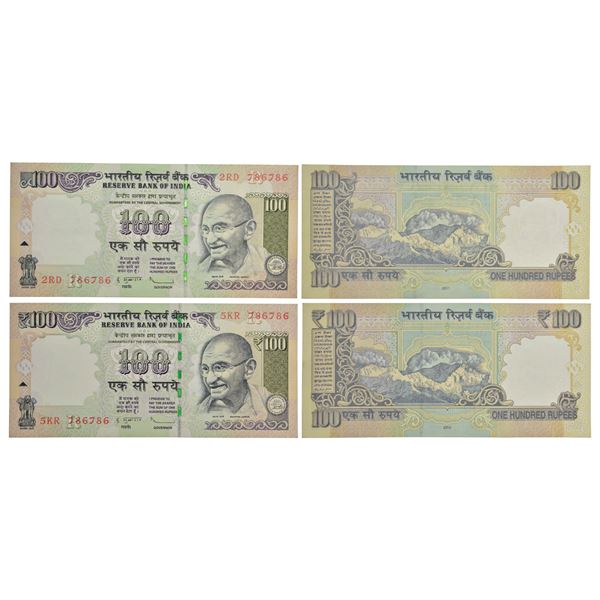 Paper Money: 100 rupees, fancy number pair of 2 notes, Gandhi series, 2011 & 2012, D. Subbarao