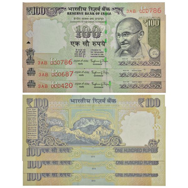 Paper Money: 100 rupees, fancy and semi fancy notes (3), 2015, signed by Raghuram Rajan