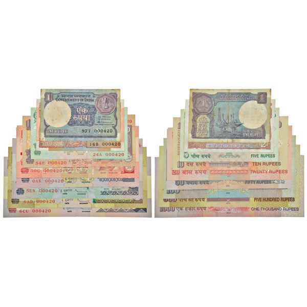 Paper Money: Semi fancy number set of 9 notes, 1 rupee to 1000 rupees, various governors' signature