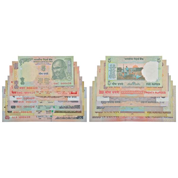 Paper Money: Semi fancy number set of 8 notes, 5 rupees to 1000 rupees (50 rupees - 2 notes)